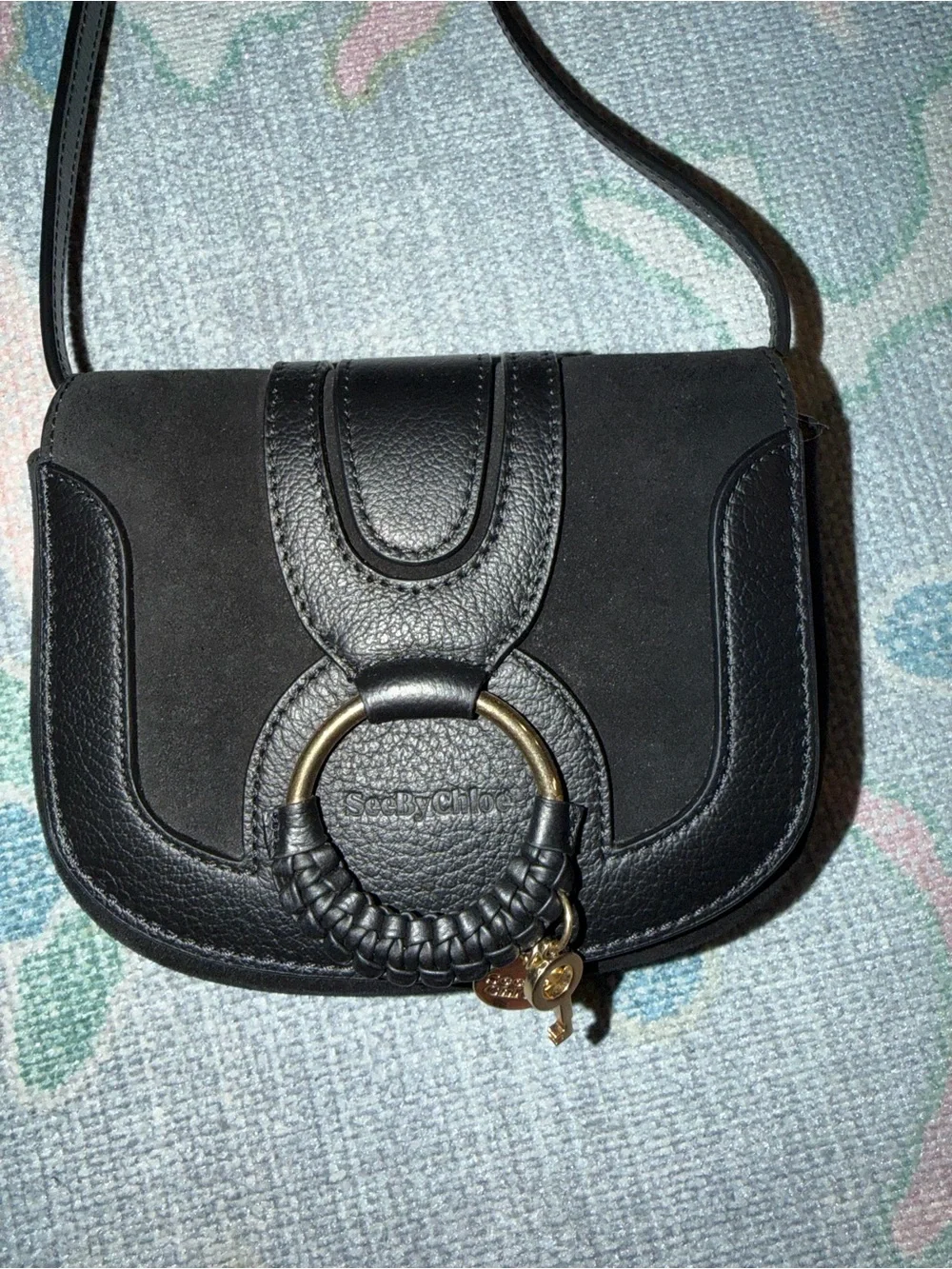 See By Chloe Black Leather and Suede Hana Mini Crossbody with Braided Ring